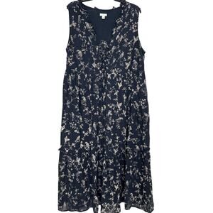 J.Jill Floral Bird Print Ruffle Tiered Midi Dress Sleeveless Cotton 2X Cottage